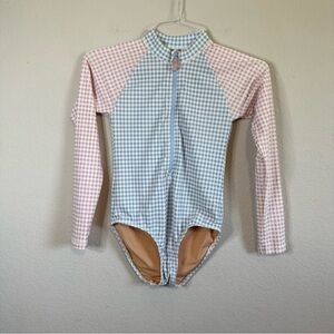 J Crew Crewcuts Pink Blue Gingham Zip Up Rash Guard One Piece UPF 50+ Swimsuit